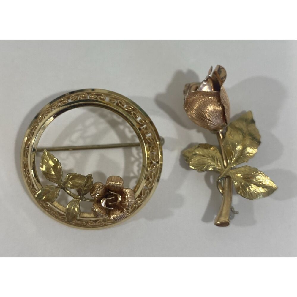 Lot (2) Vintage KREMENTZ Tri Color Gold Filled Rose Flower Mini Cute Brooch Pin